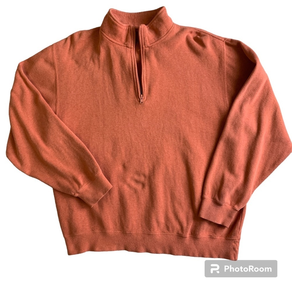 Orvis Men's Sweatshirt Large Orange Quarter Zip Collar Casual Cotton Pullover